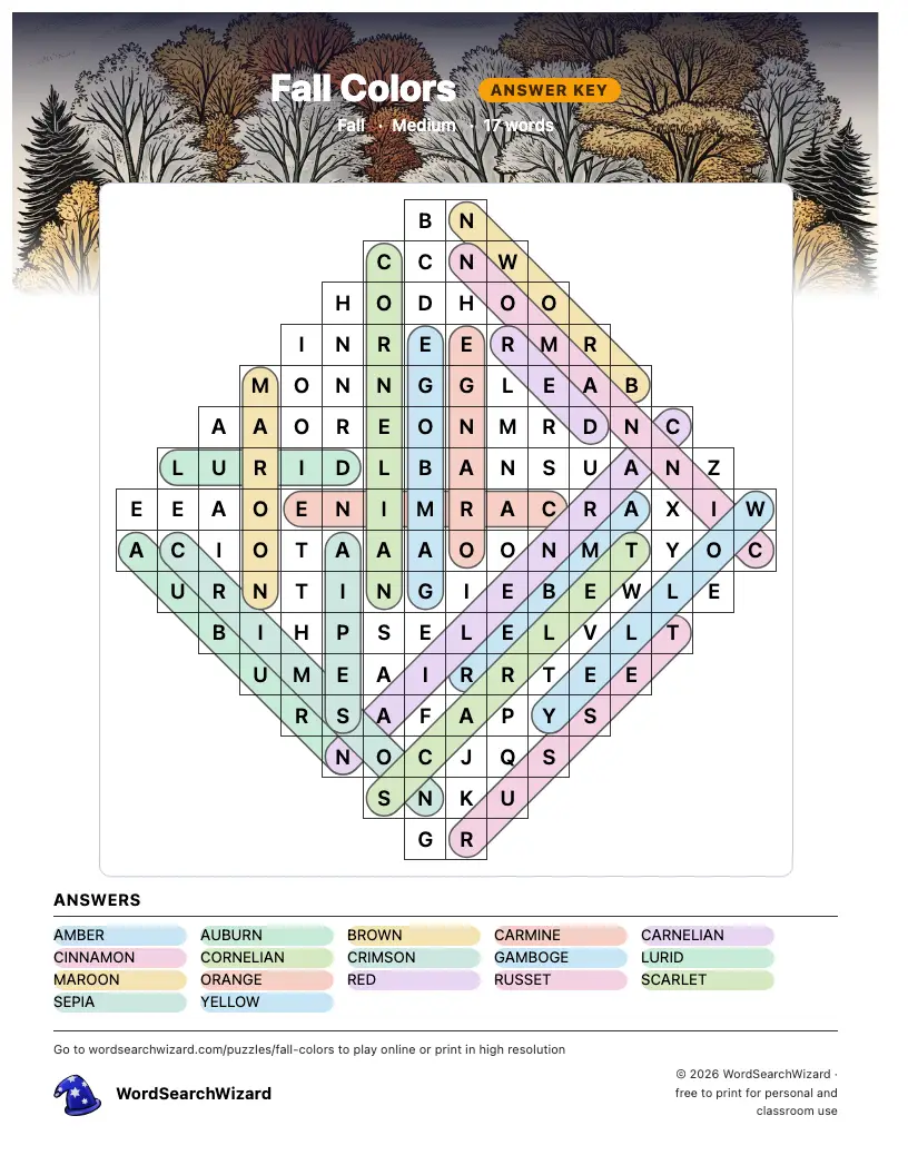 Fall Colors word search answer key, all 17 words marked
