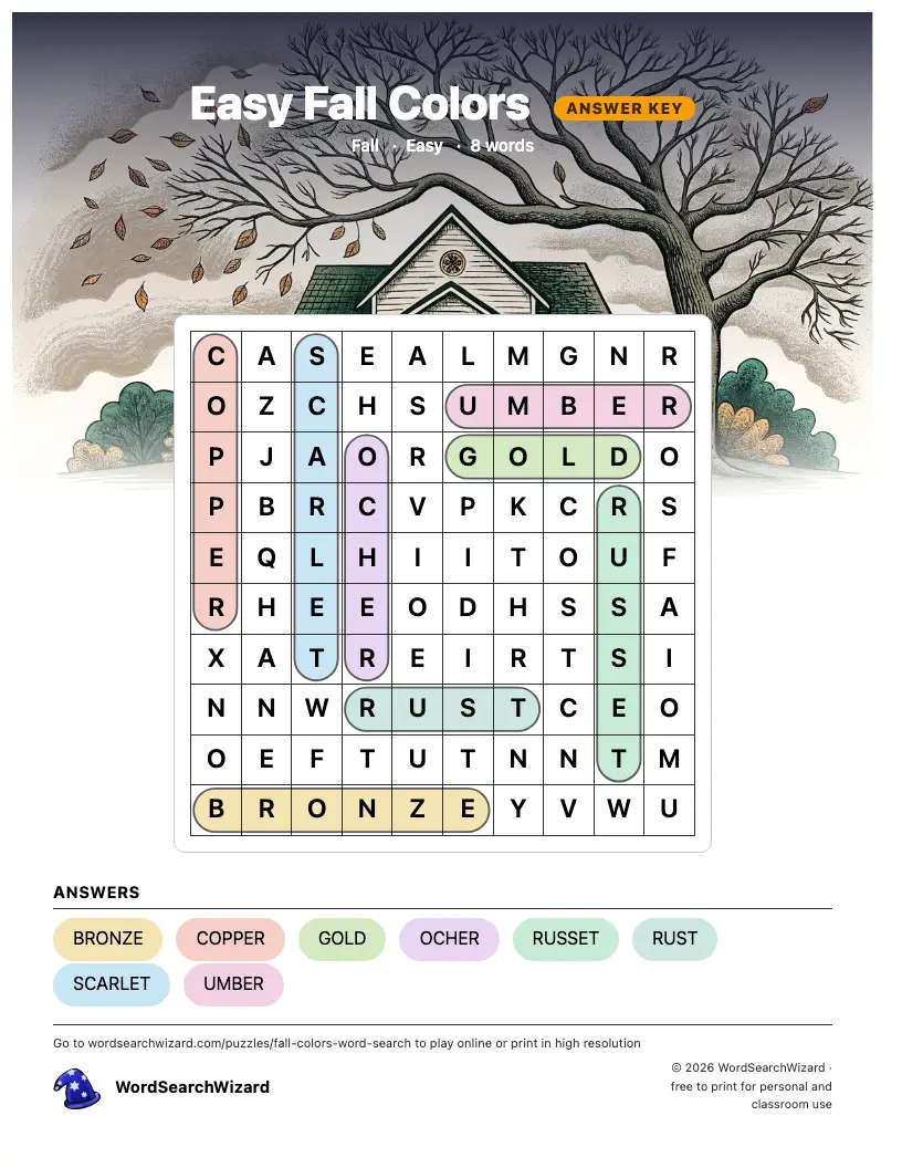 Easy Fall Colors word search answer key, all 8 words marked