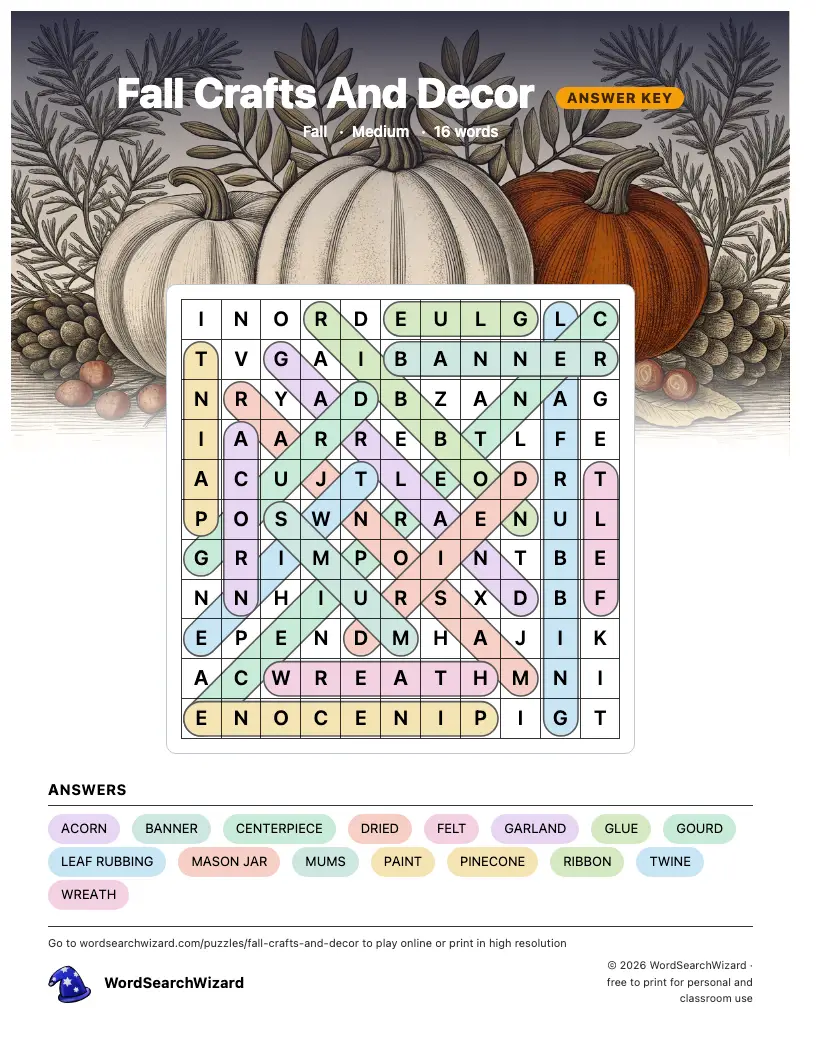 Fall Crafts And Decor word search answer key, all 16 words marked