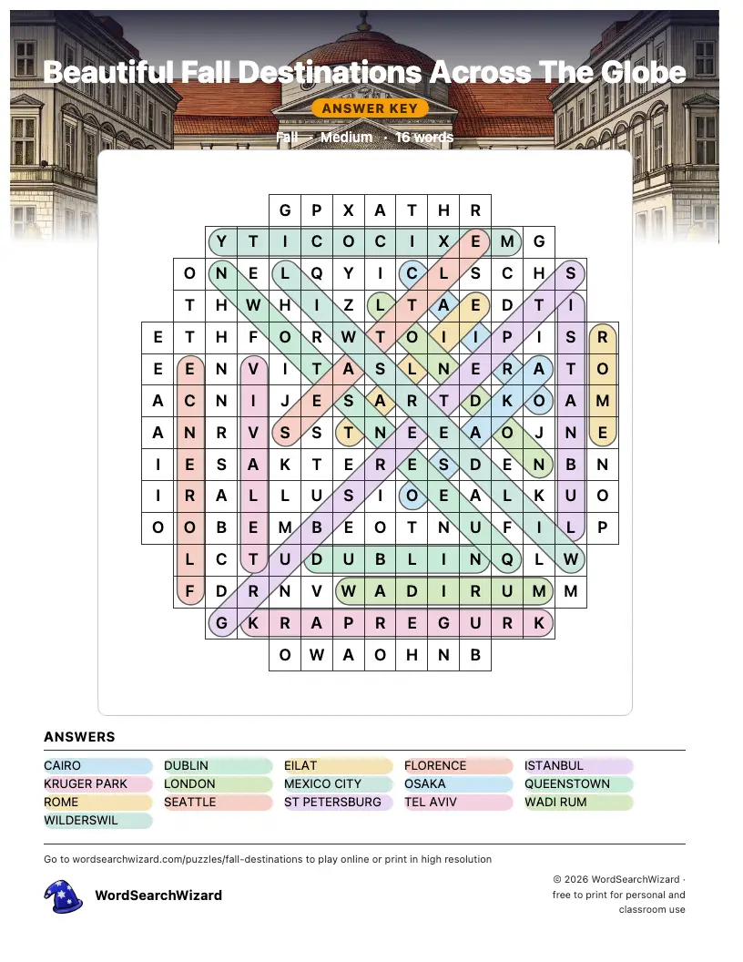 Beautiful Fall Destinations Across The Globe word search answer key, all 16 words marked