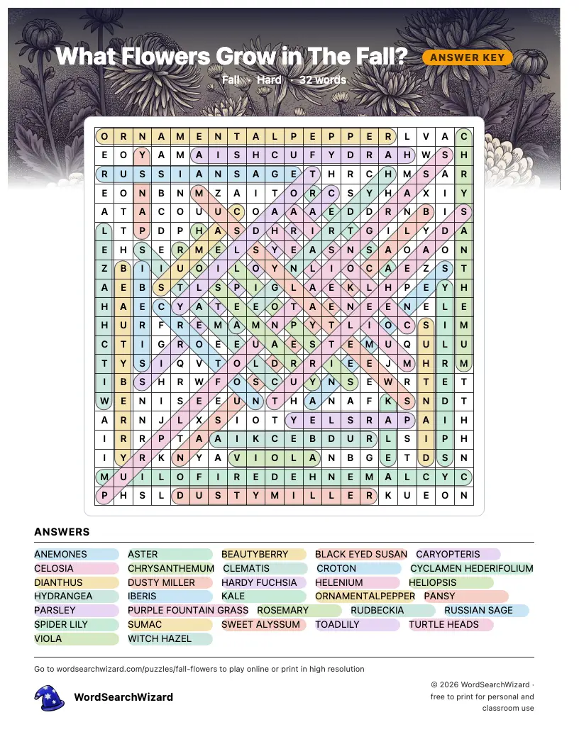 What Flowers Grow in The Fall? word search answer key, all 32 words marked