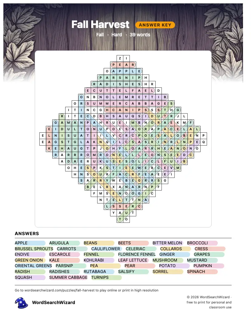 Fall Harvest word search answer key, all 39 words marked