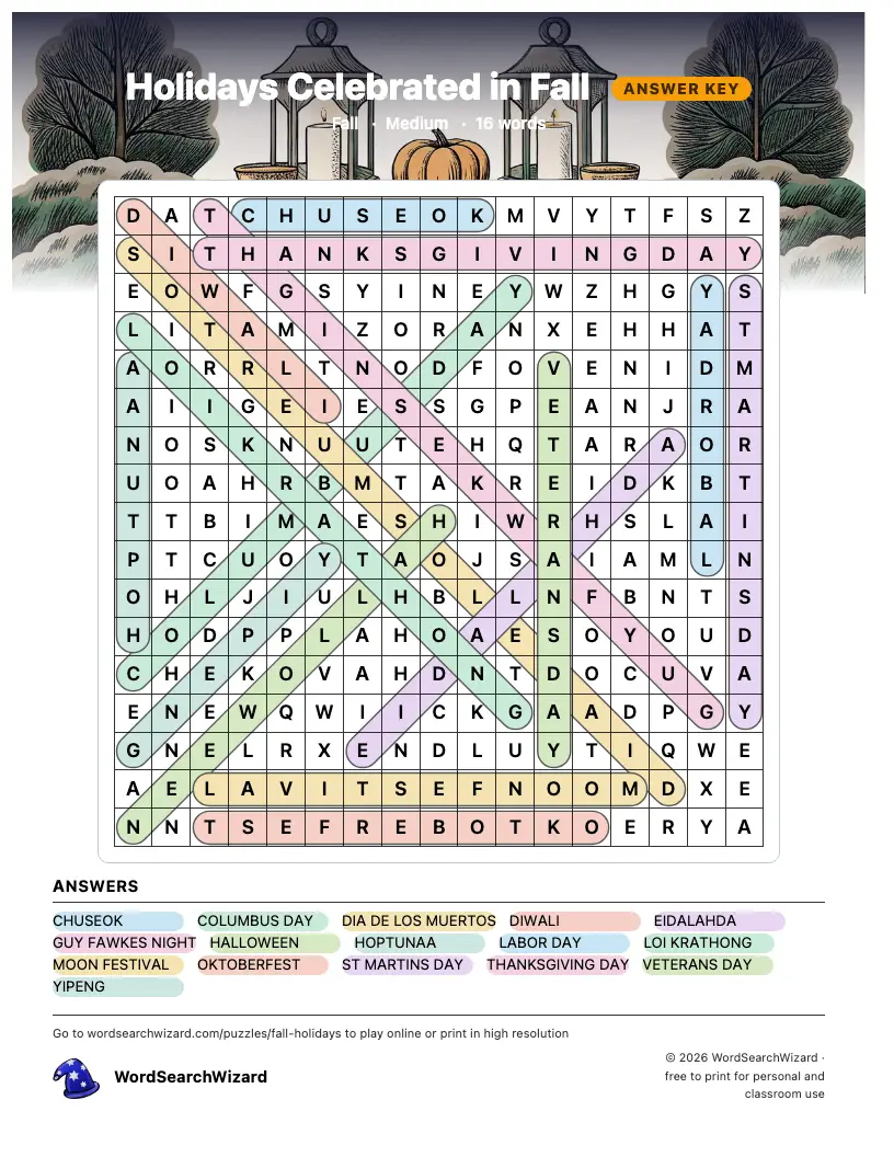 Holidays Celebrated in Fall word search answer key, all 16 words marked