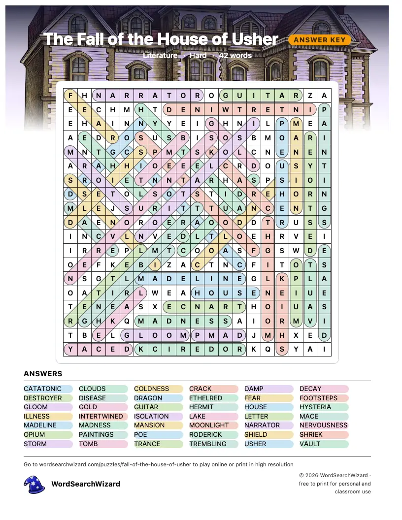 The Fall of the House of Usher word search answer key, all 42 words marked