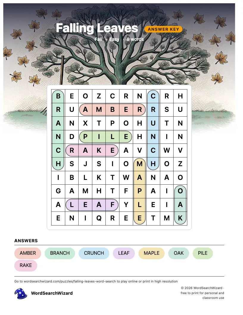 Falling Leaves word search answer key, all 8 words marked