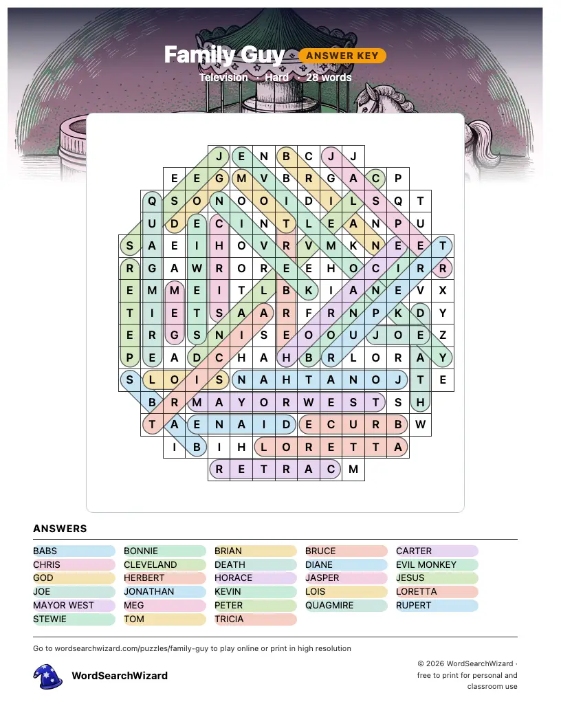 Family Guy word search answer key, all 28 words marked