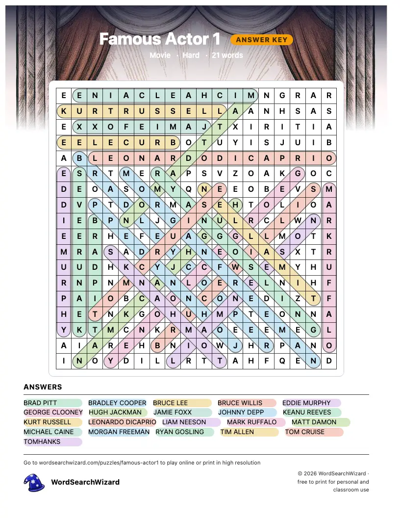 Famous Actor 1 word search answer key, all 21 words marked