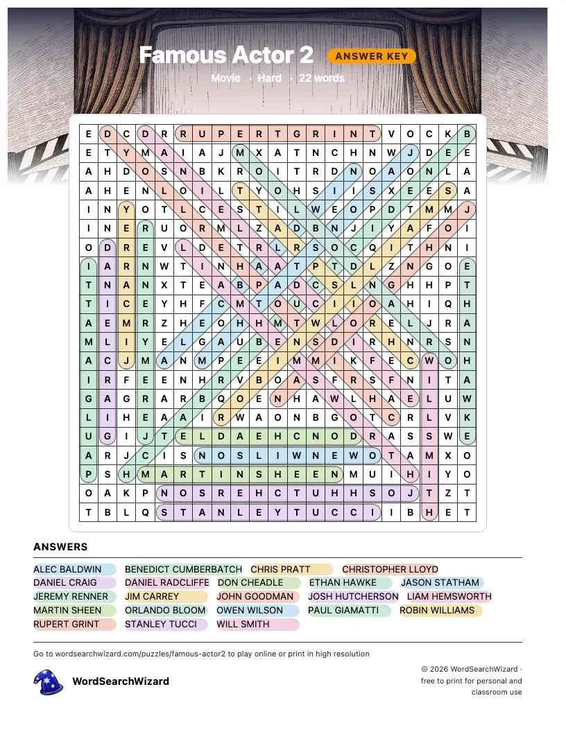 Famous Actor 2 word search answer key, all 22 words marked