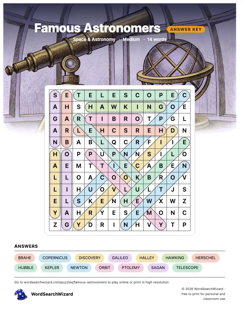 Famous Astronomers word search answer key, all 14 words marked