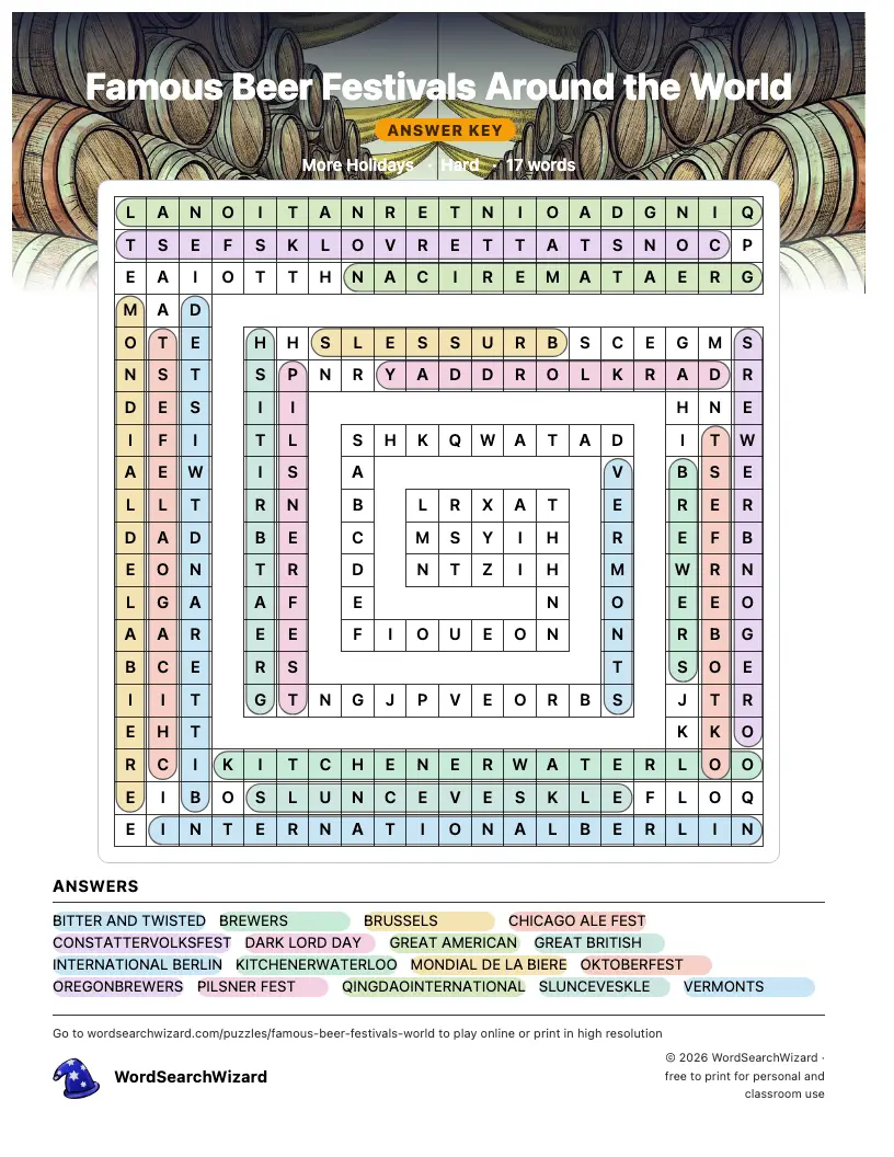 Famous Beer Festivals Around the World word search answer key, all 17 words marked