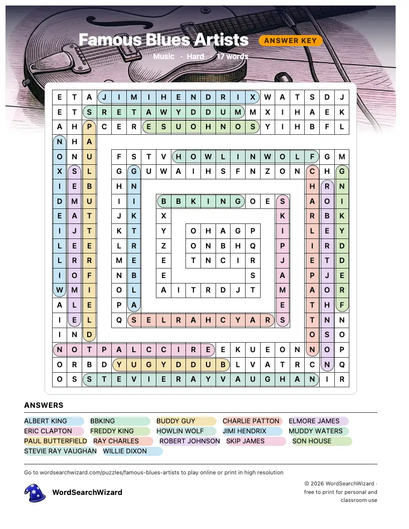 Famous Blues Artists word search answer key, all 17 words marked