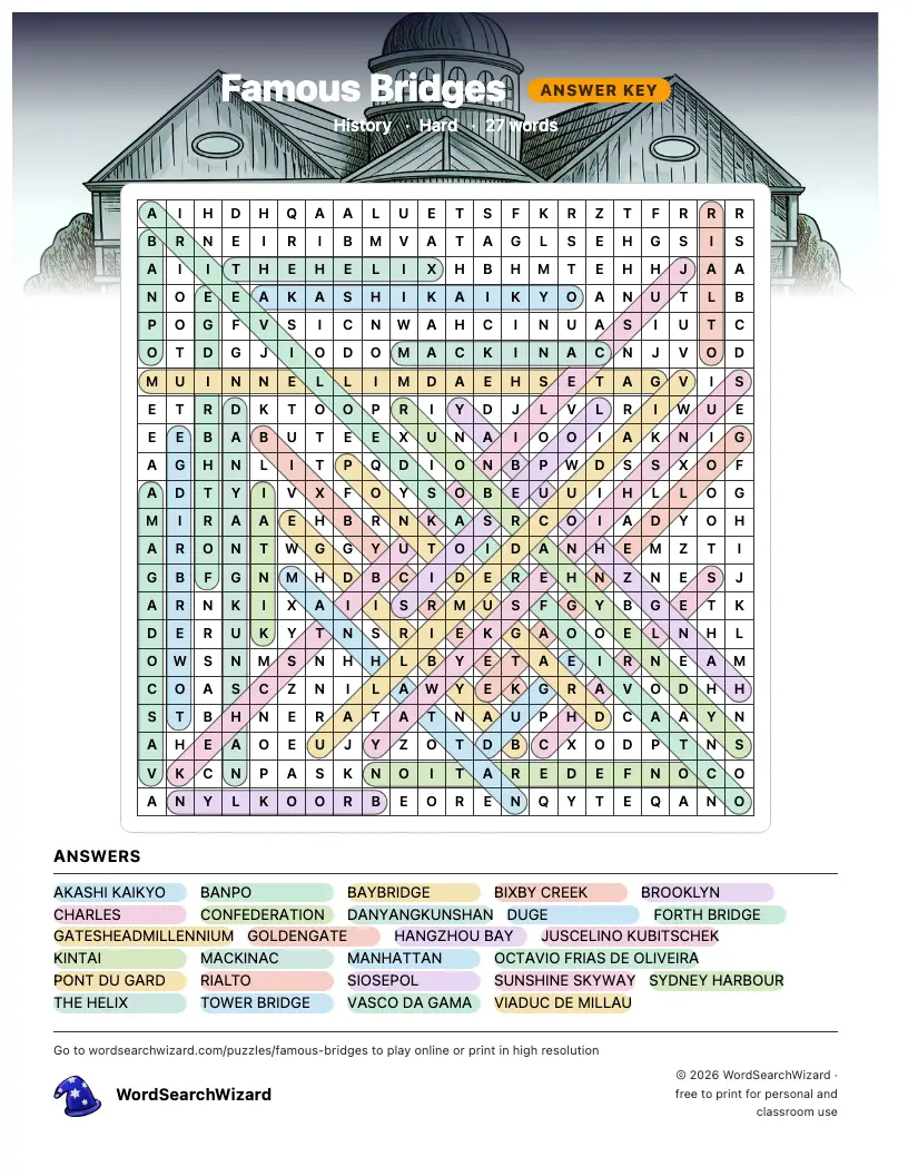 Famous Bridges word search answer key, all 27 words marked