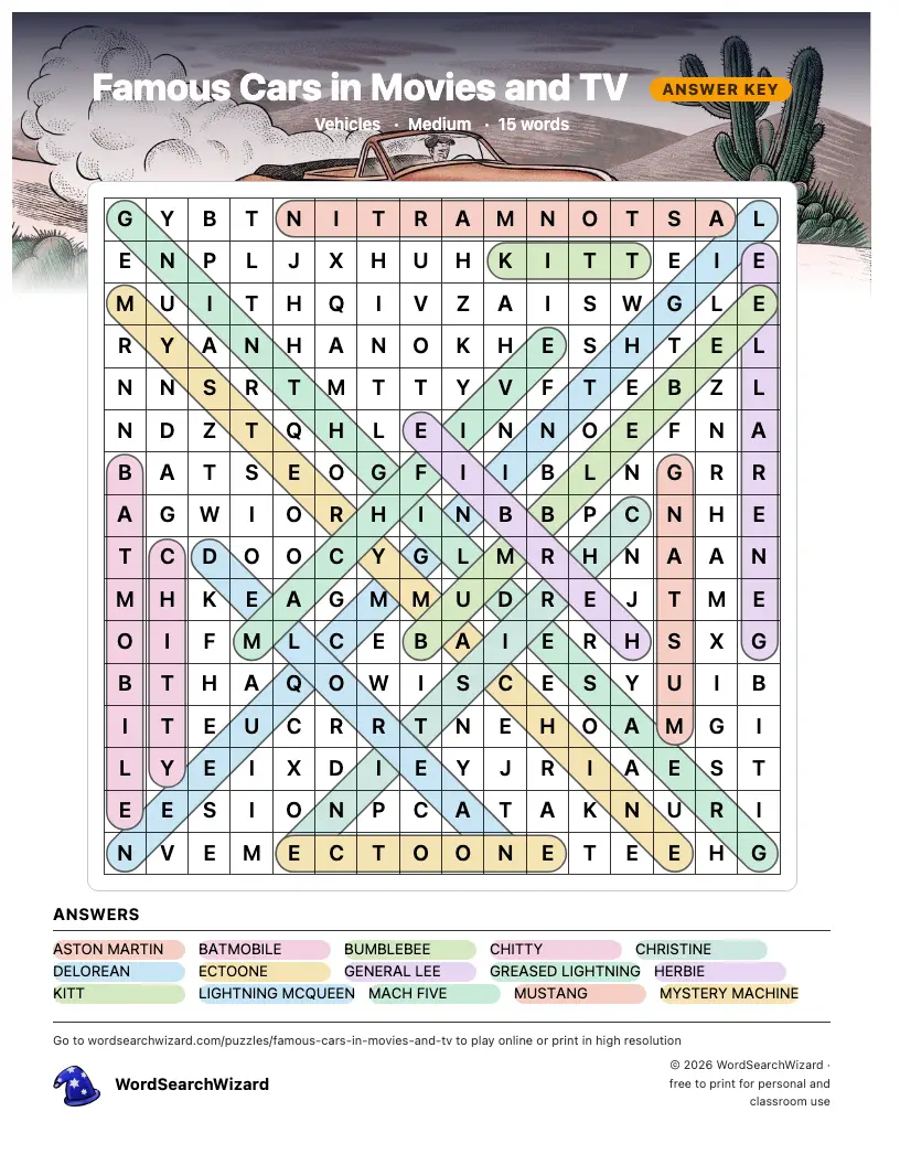 Famous Cars in Movies and TV word search answer key, all 15 words marked