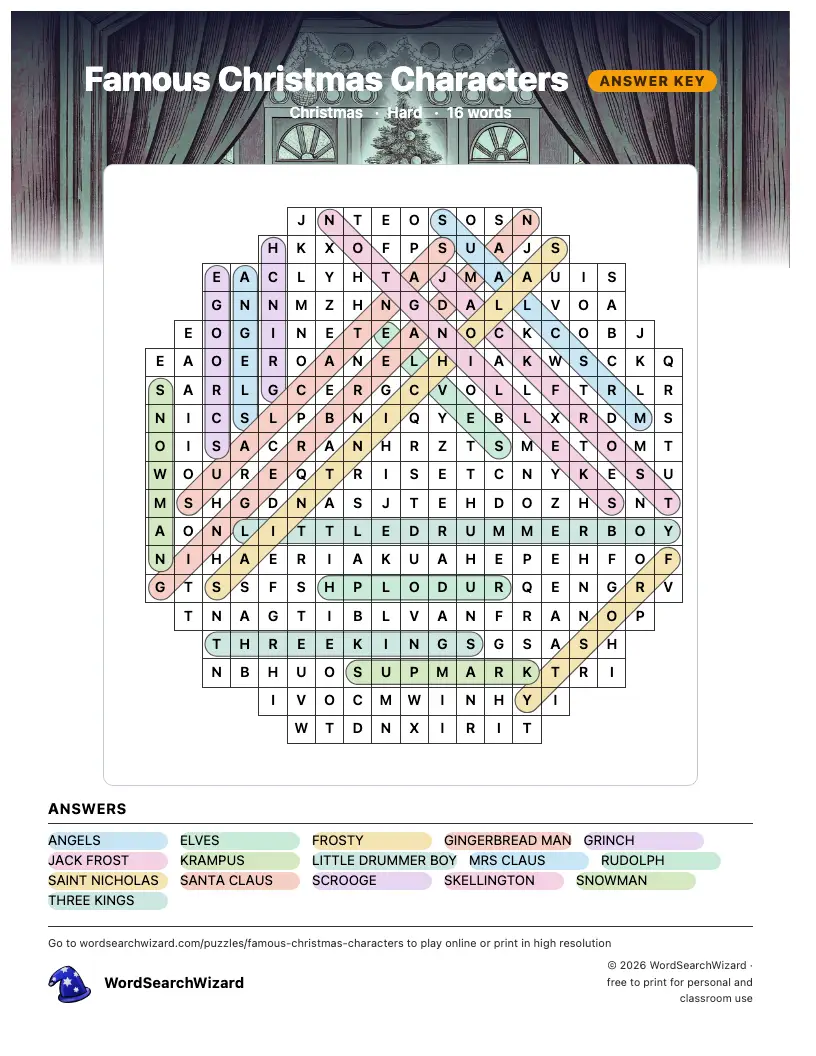 Famous Christmas Characters word search answer key, all 16 words marked