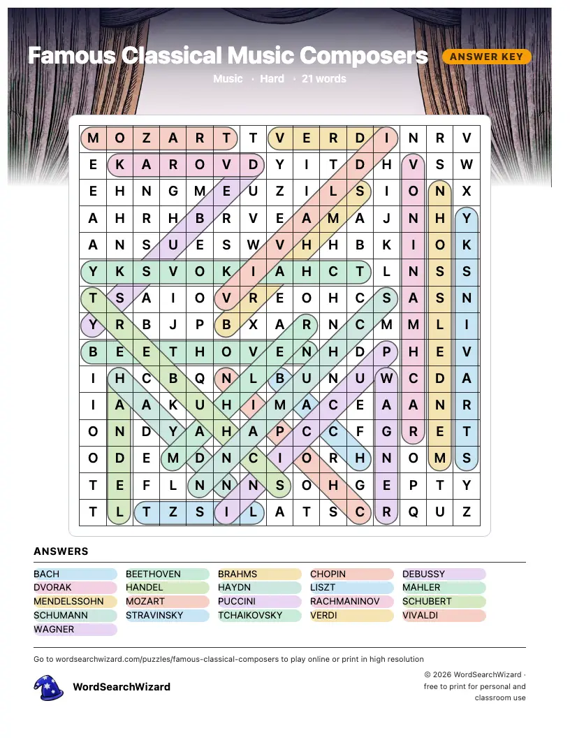 Famous Classical Music Composers word search answer key, all 21 words marked