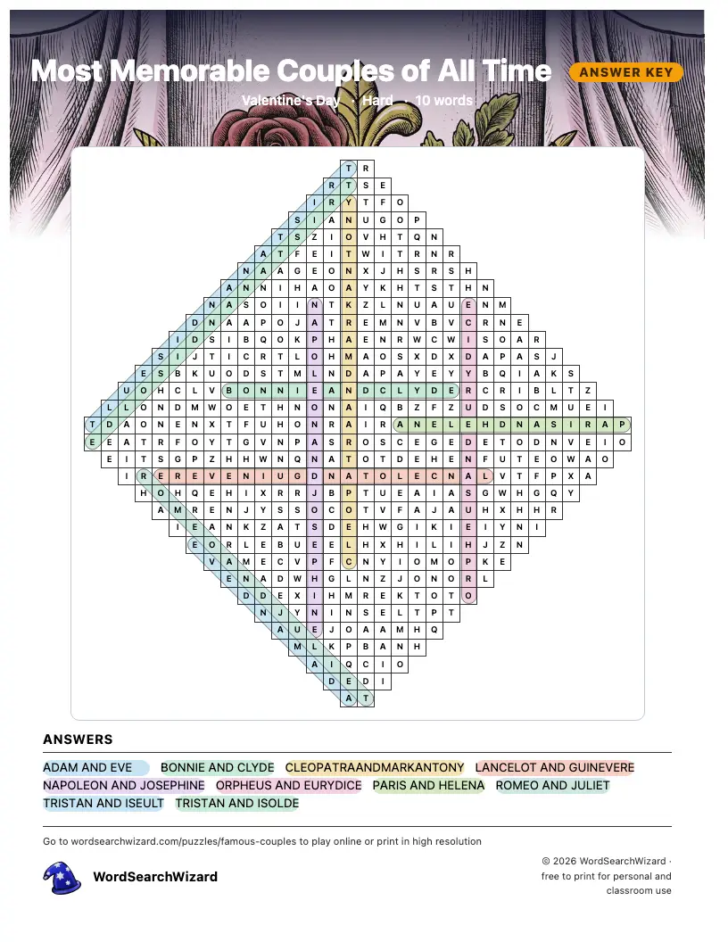 Most Memorable Couples of All Time word search answer key, all 10 words marked
