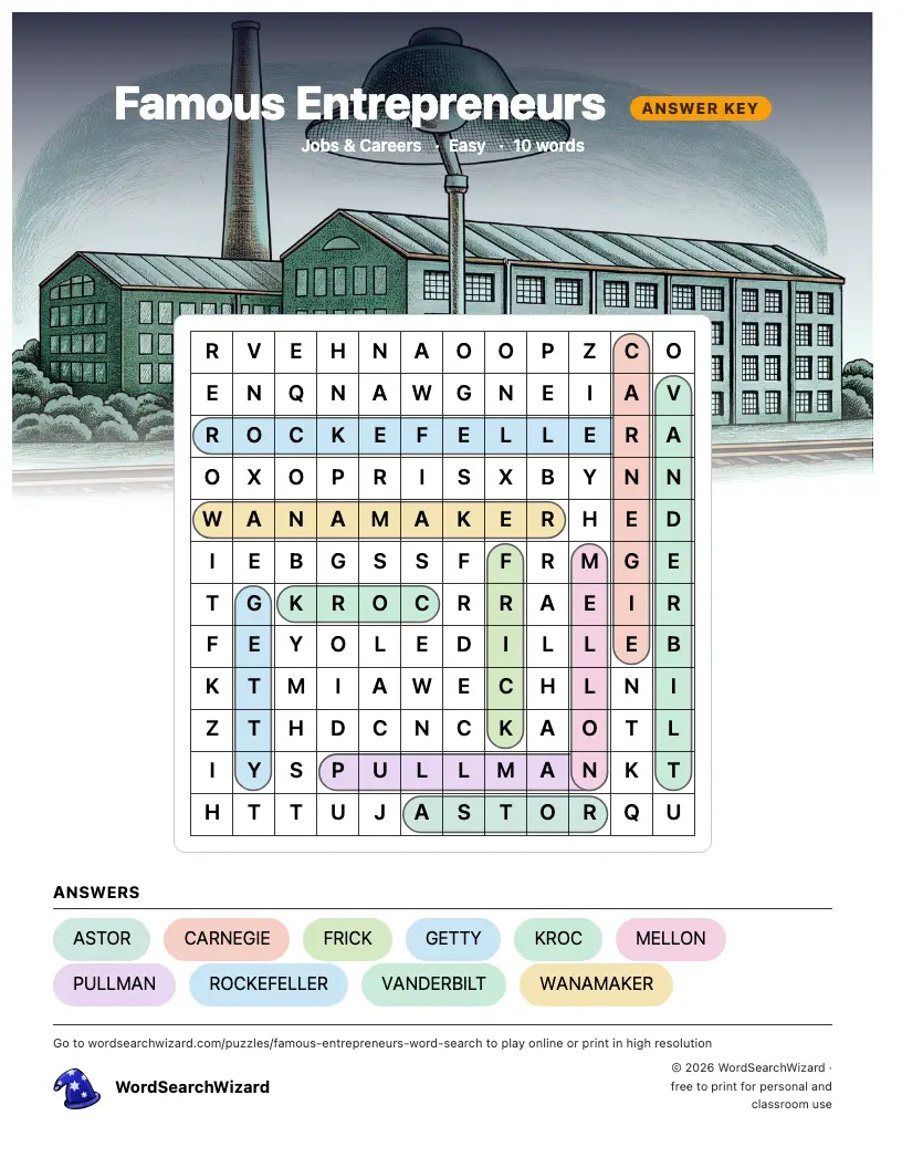 Famous Entrepreneurs word search answer key, all 10 words marked