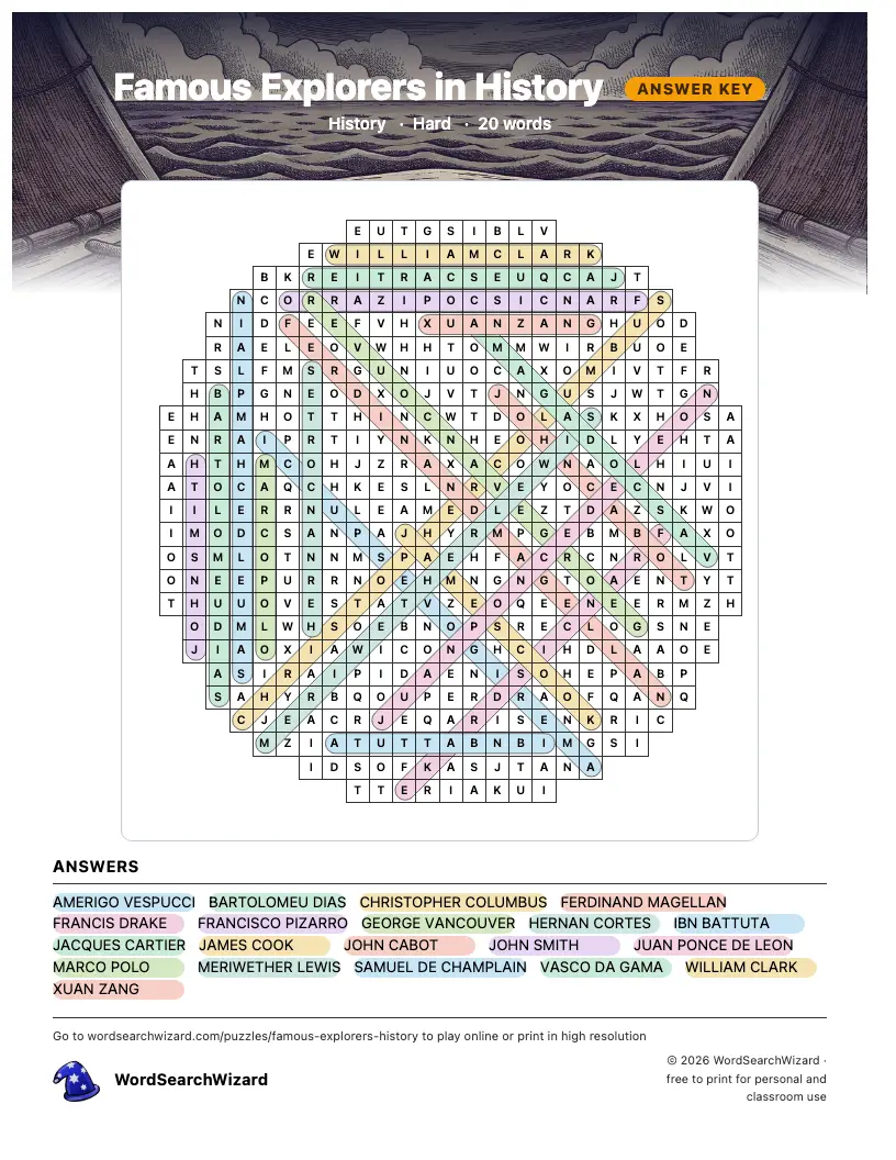 Famous Explorers in History word search answer key, all 20 words marked