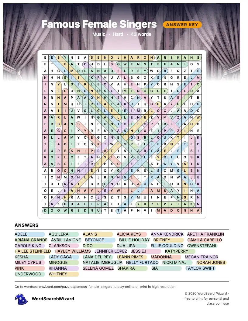 Famous Female Singers word search answer key, all 43 words marked
