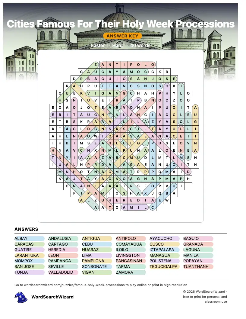 Cities Famous For Their Holy Week Processions word search answer key, all 40 words marked
