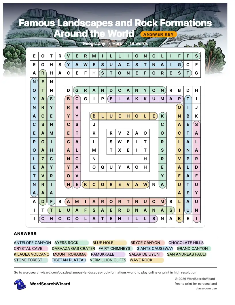 Famous Landscapes and Rock Formations Around the World word search answer key, all 19 words marked