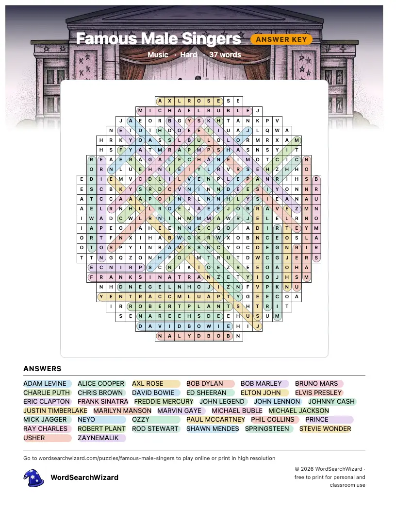 Famous Male Singers word search answer key, all 37 words marked
