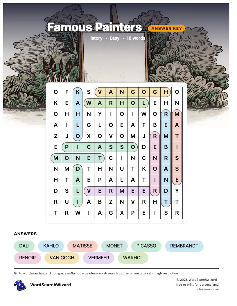 Famous Painters word search answer key, all 10 words marked