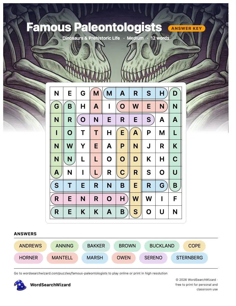 Famous Paleontologists word search answer key, all 12 words marked