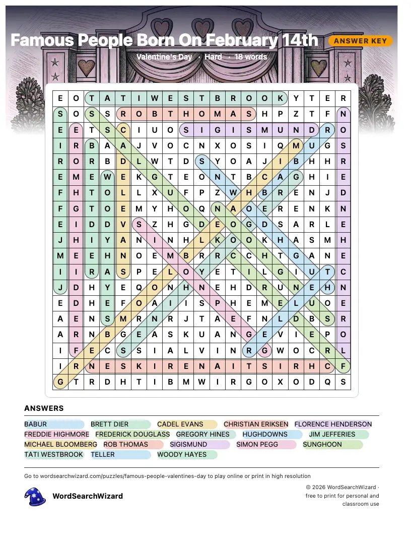 Famous People Born On February 14th word search answer key, all 18 words marked