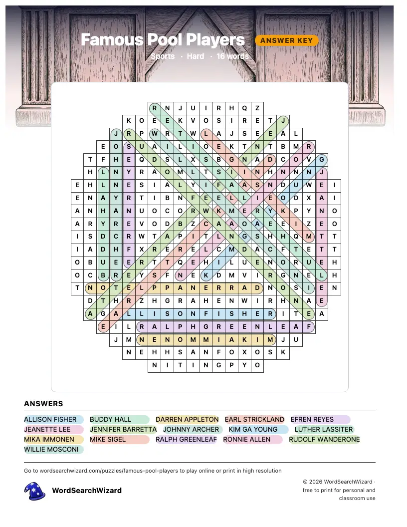 Famous Pool Players word search answer key, all 16 words marked