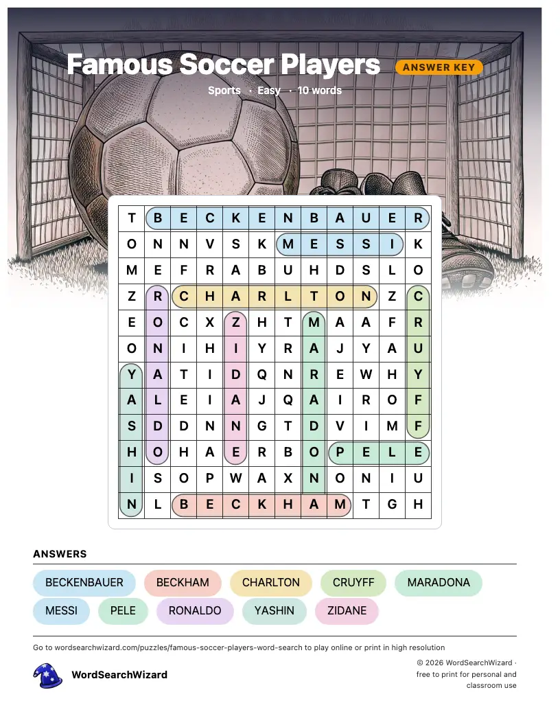 Famous Soccer Players word search answer key, all 10 words marked
