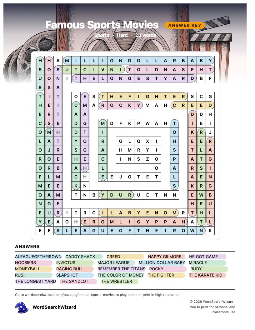 Famous Sports Movies word search answer key, all 23 words marked