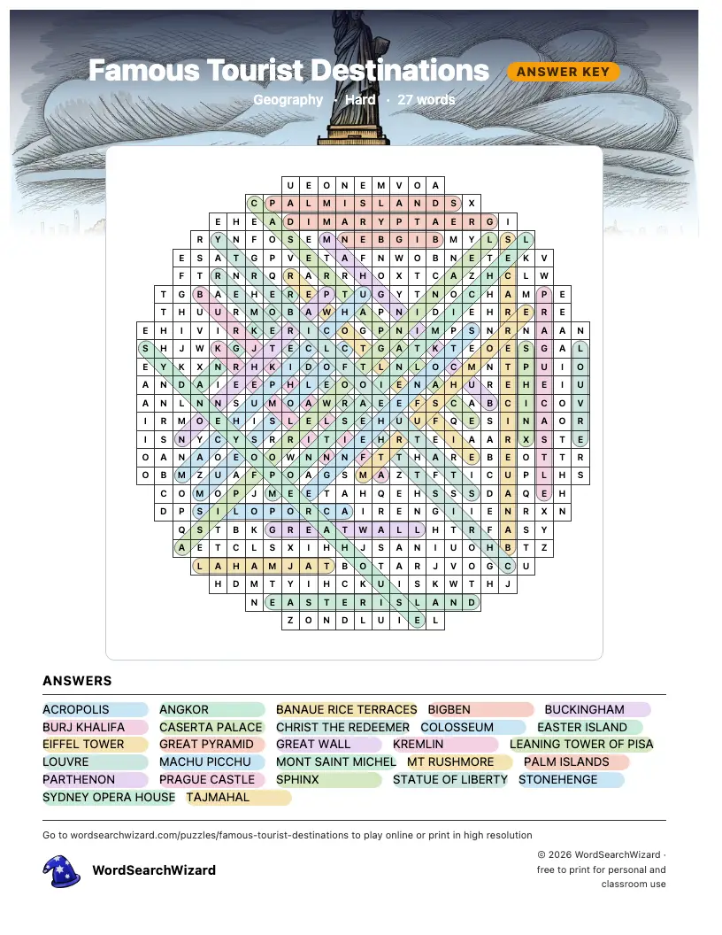 Famous Tourist Destinations word search answer key, all 27 words marked