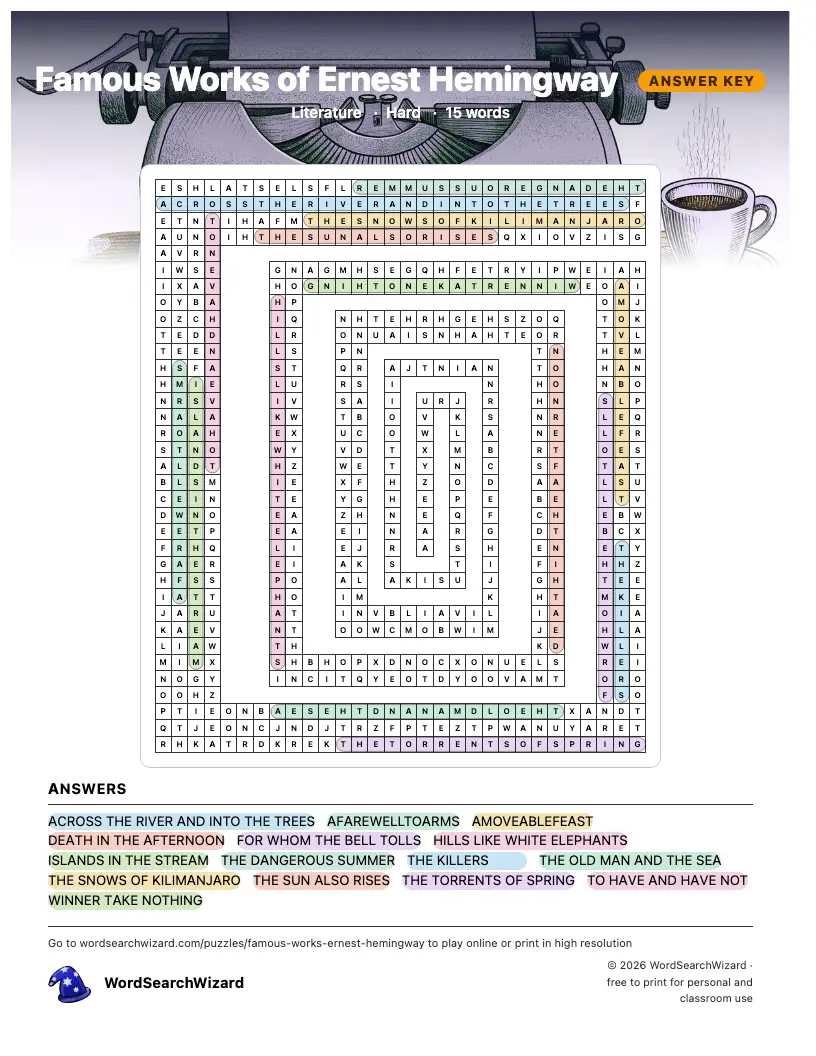 Famous Works of Ernest Hemingway word search answer key, all 15 words marked