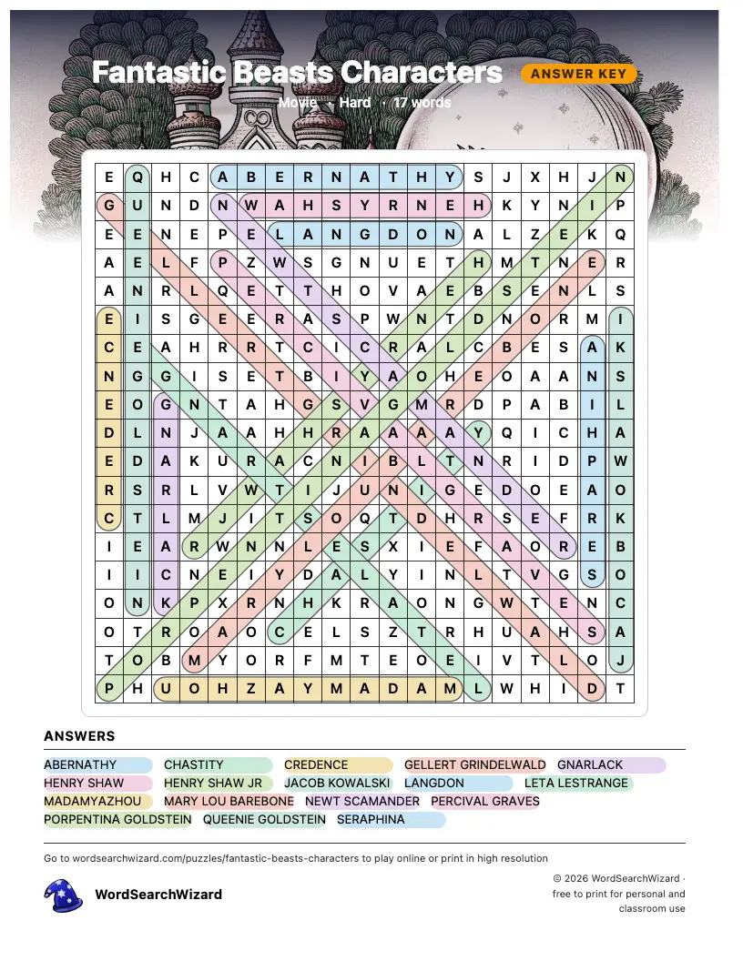 Fantastic Beasts Characters word search answer key, all 17 words marked