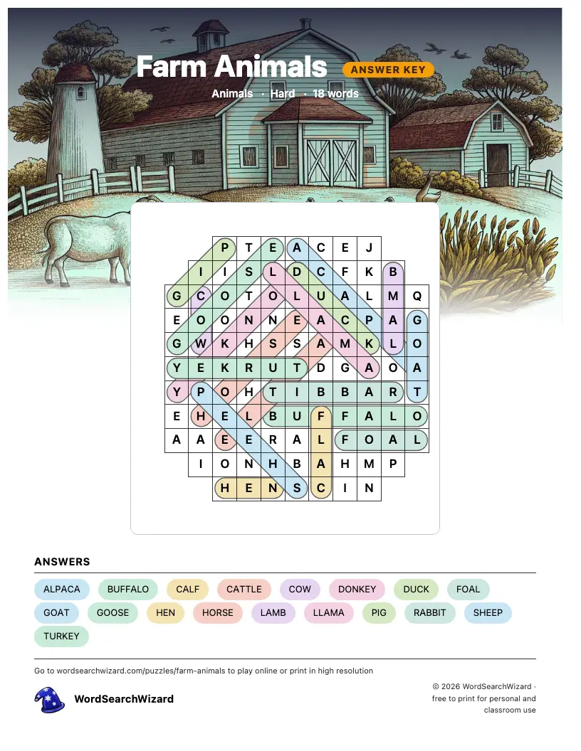 Farm Animals word search answer key, all 18 words marked