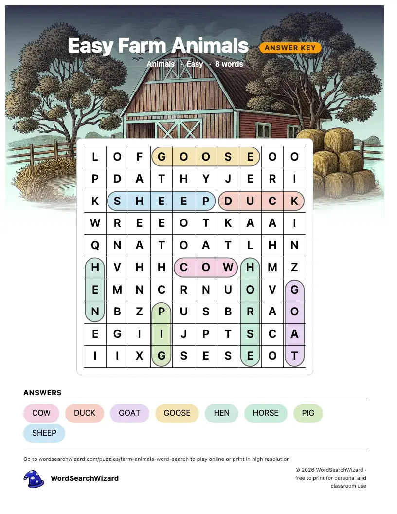 Easy Farm Animals word search answer key, all 8 words marked