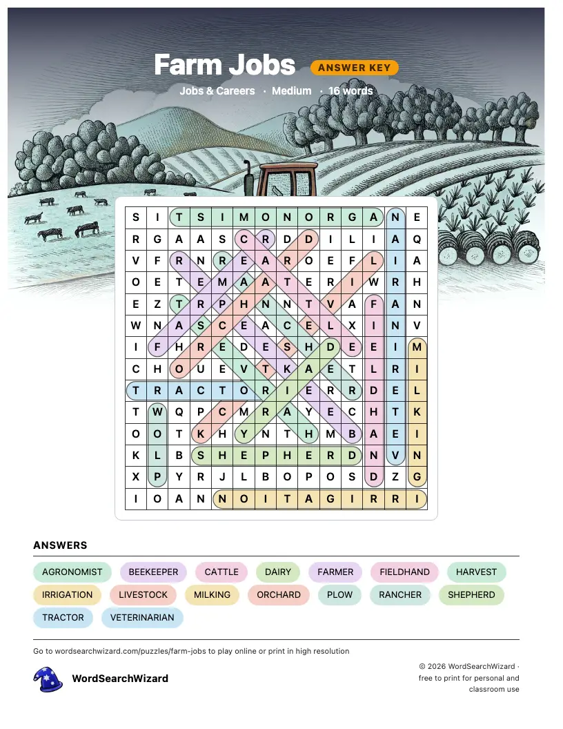 Farm Jobs word search answer key, all 16 words marked