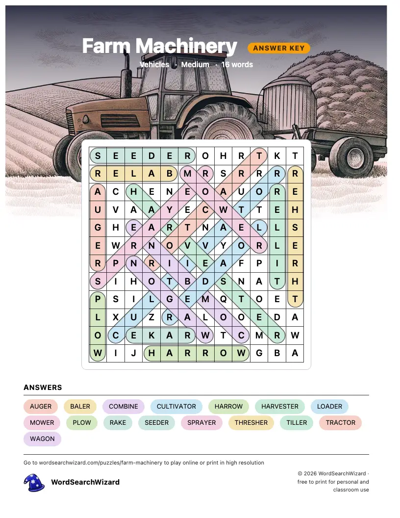 Farm Machinery word search answer key, all 16 words marked