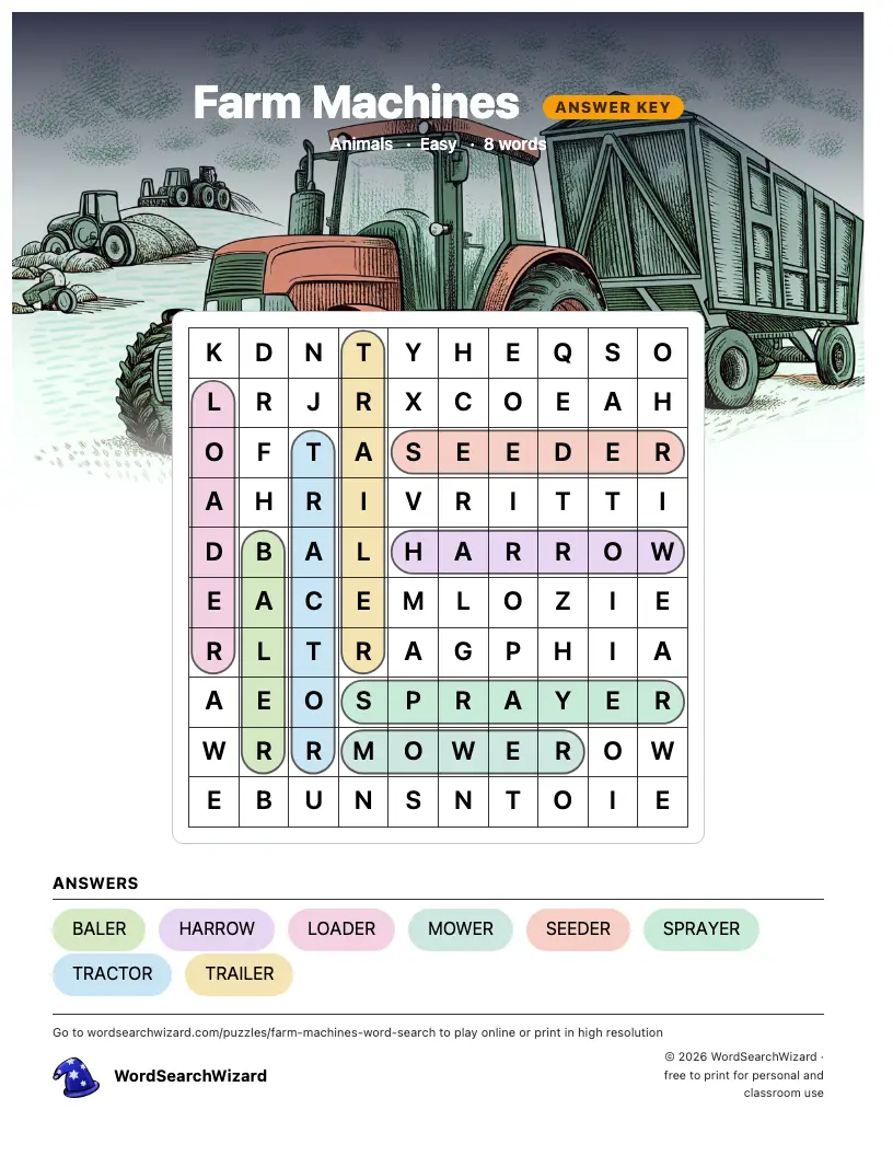 Farm Machines word search answer key, all 8 words marked