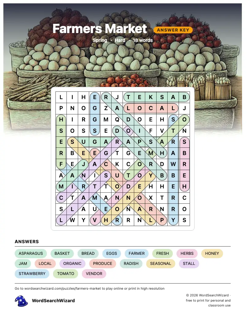 Farmers Market word search answer key, all 18 words marked
