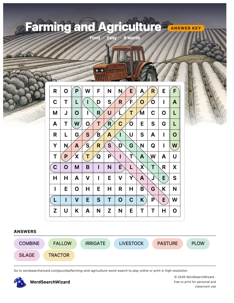 Farming and Agriculture word search answer key, all 8 words marked