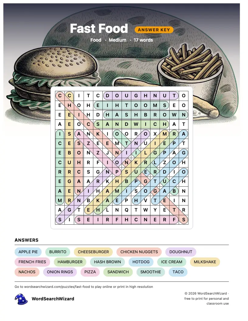 Fast Food word search answer key, all 17 words marked