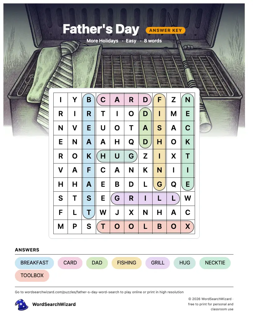 Father's Day word search answer key, all 8 words marked