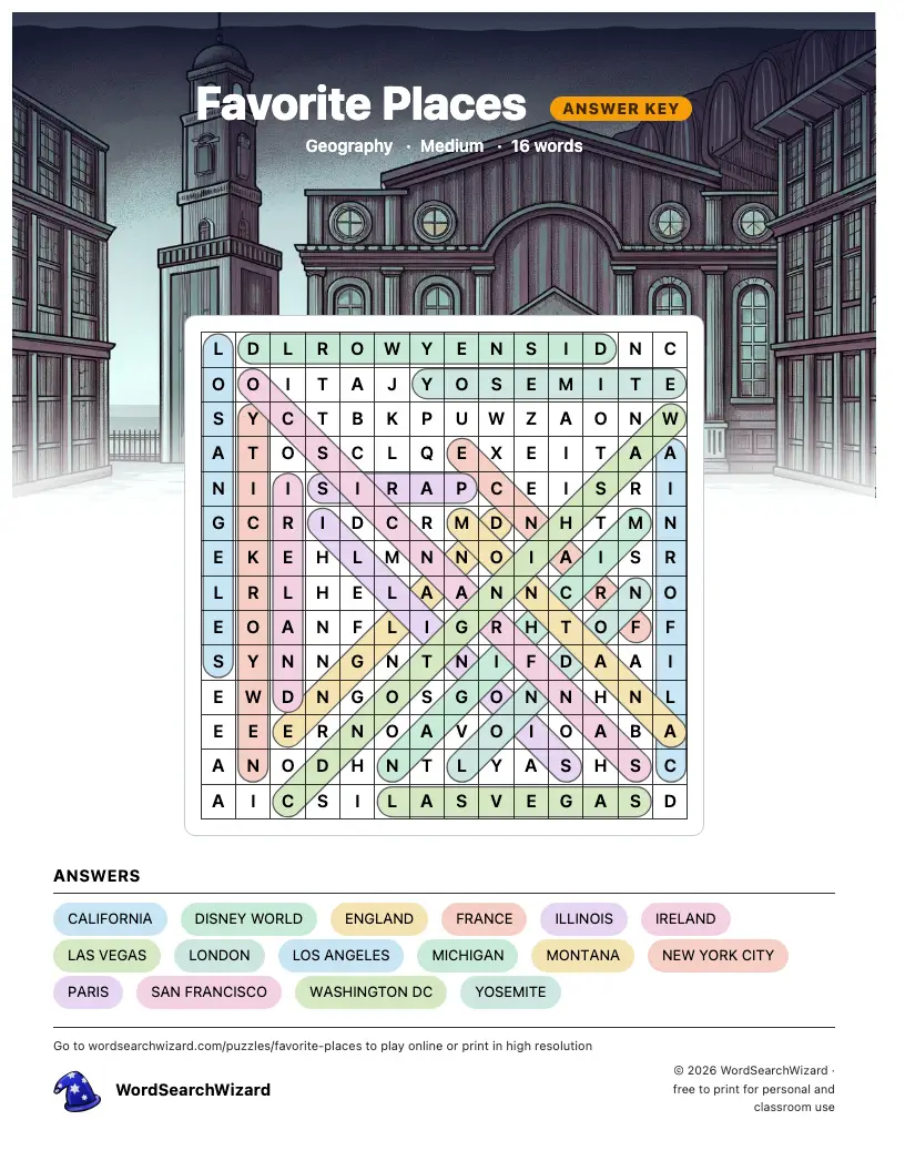 Favorite Places word search answer key, all 16 words marked