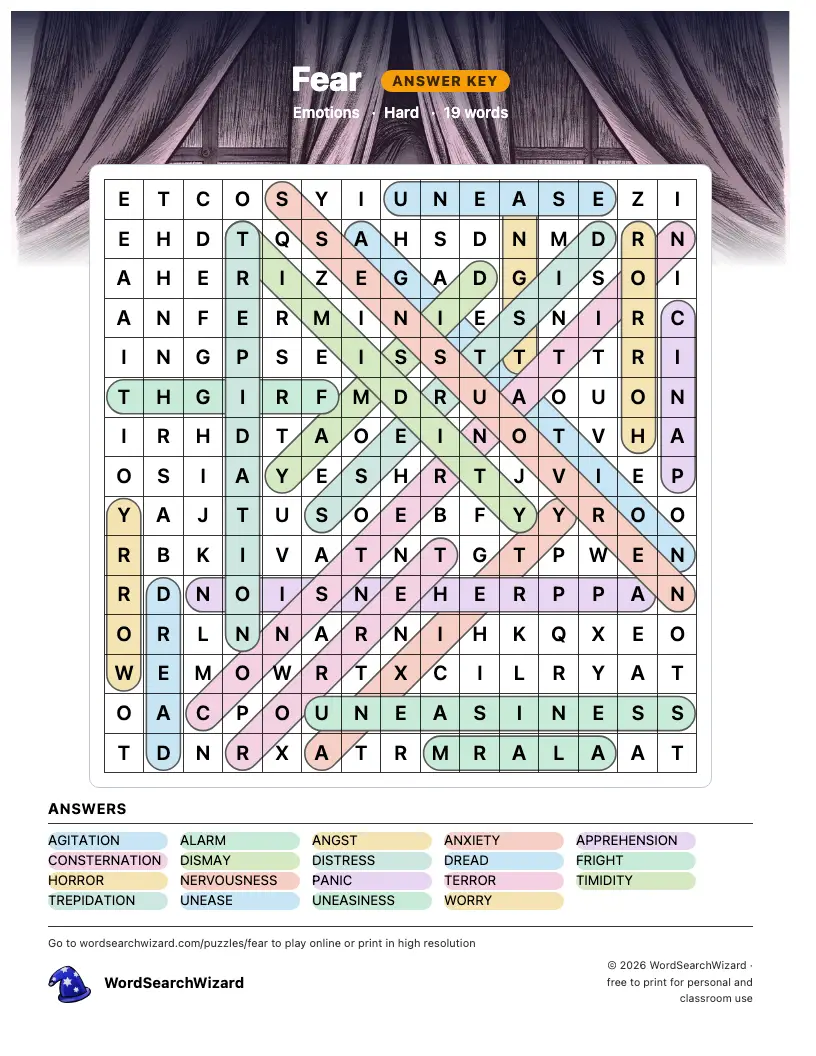 Fear word search answer key, all 19 words marked