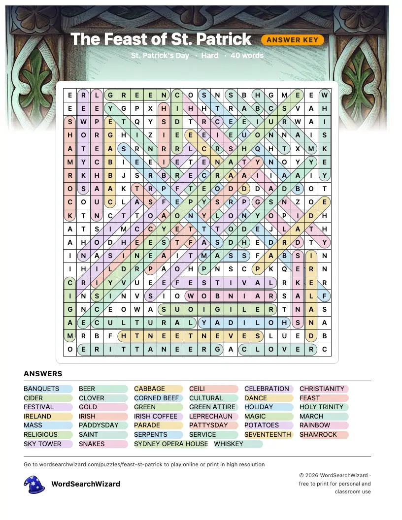 The Feast of St. Patrick word search answer key, all 40 words marked