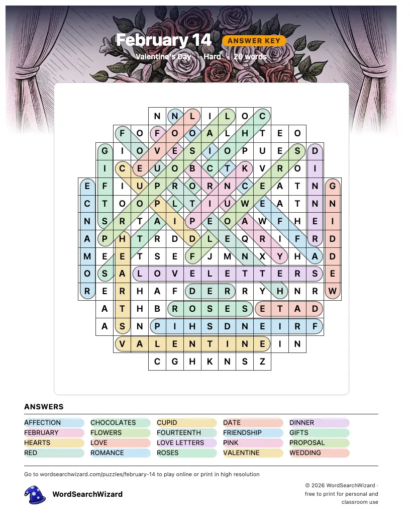 February 14 word search answer key, all 20 words marked