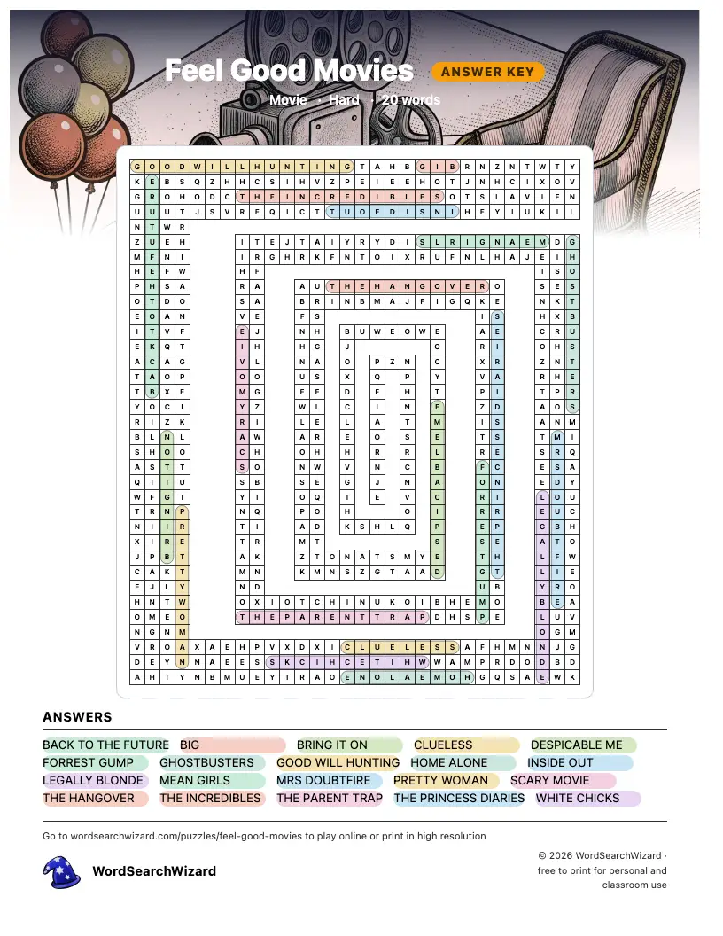 Feel Good Movies word search answer key, all 20 words marked