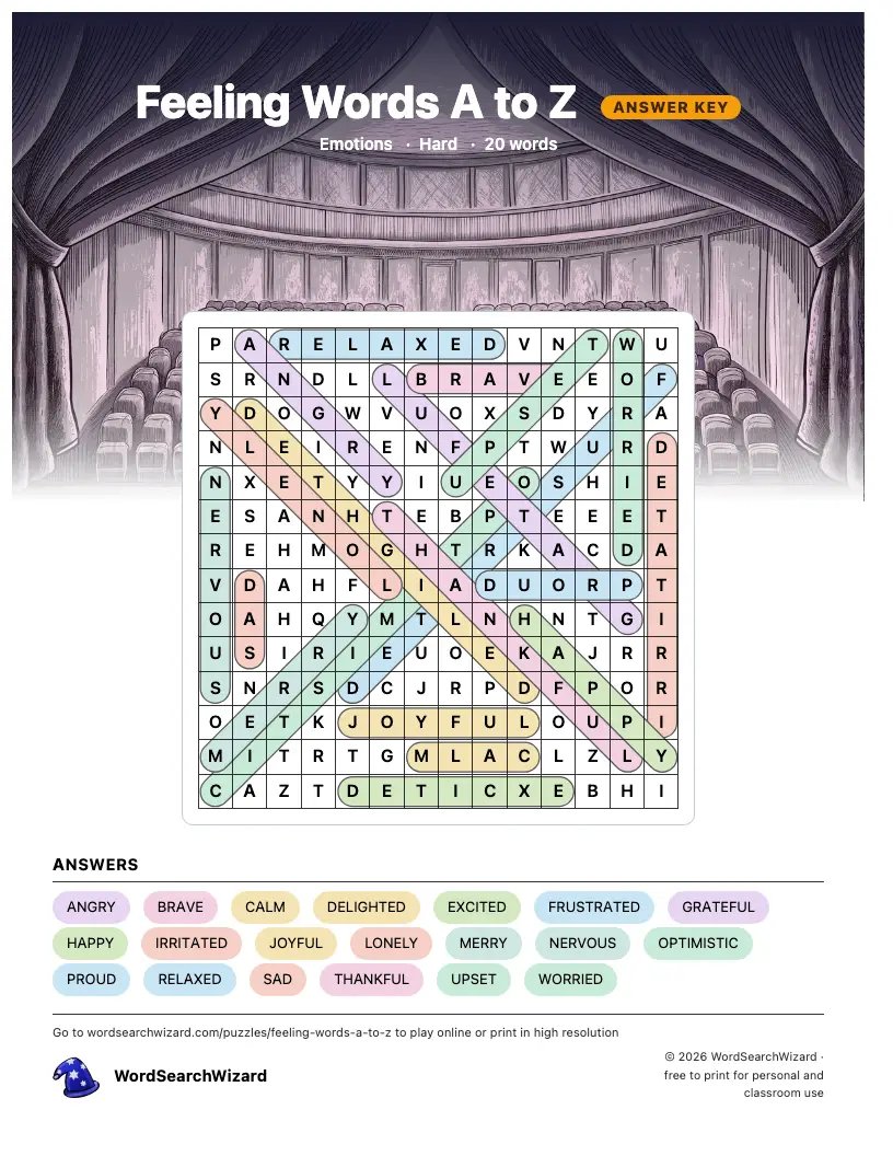 Feeling Words A to Z word search answer key, all 20 words marked